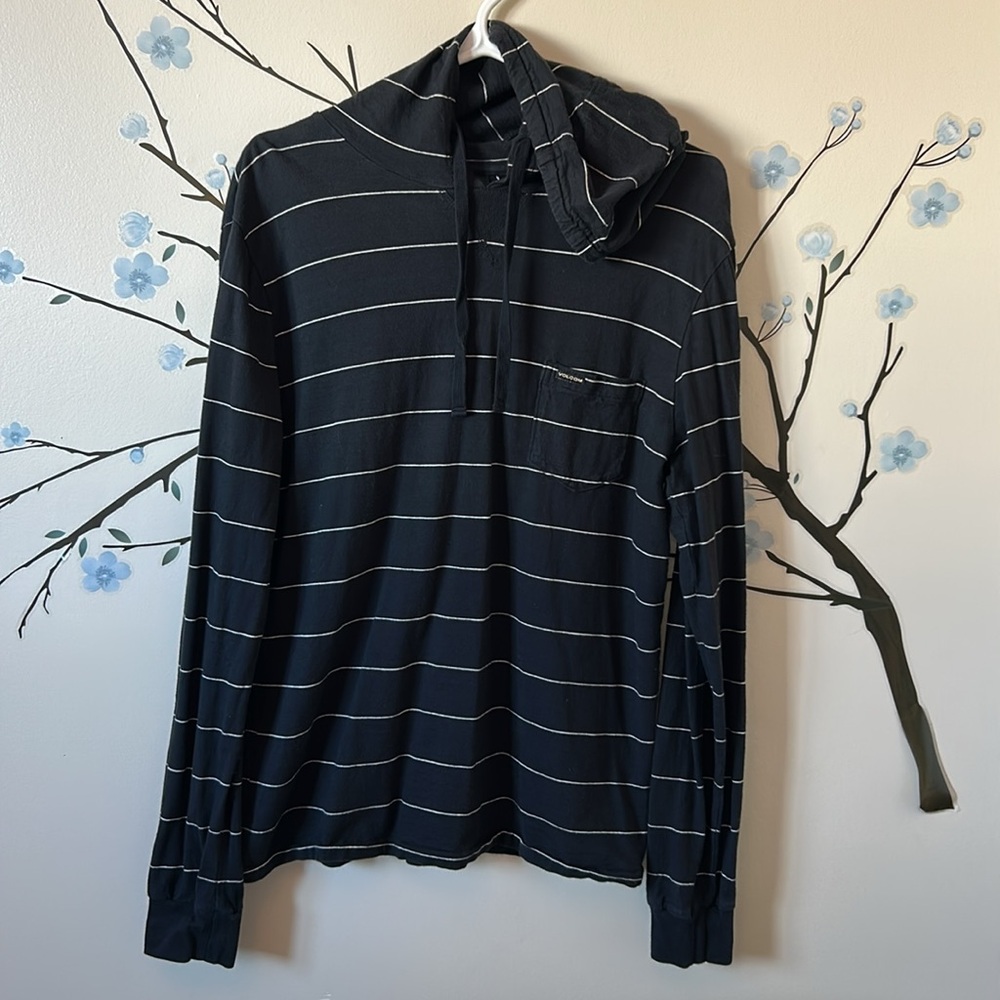 Volcom black with white stripes pjs pull on hoodie. Drawstring, front pocket
